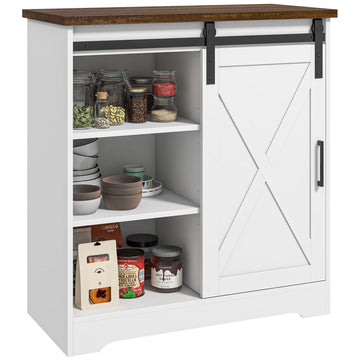 Homcom Farmhouse Coffee Bar Cabinet, 33" Buffet Sideboard With Sliding Barn Door And Adjustable Shelf, Kitchen Buffet Cabinet, White White Particle Board