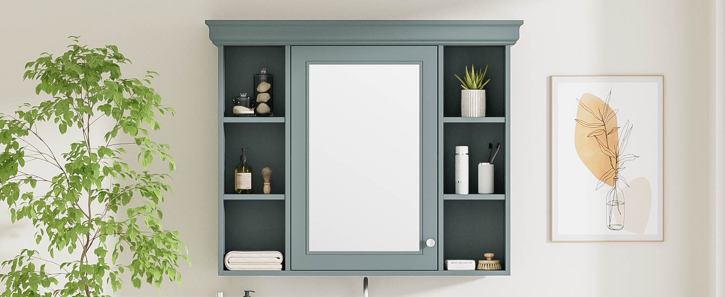 35'' x 28'' Blue Wall Mounted Bathroom Storage Cabinet blue-5+-adjustable shelves-bathroom-wall