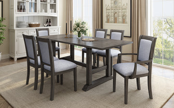 7 Piece Updated 76.9Inch Extendable Trestle Dining Table Set With Removable Leaf, Kitchen Table Set With Upholstered Side Chair And Arm Chair, Set Of 6, Grey Brown Wood Dining Room Solid Wood Rubberwood Rectangular Dining Table With Chair Upholstered