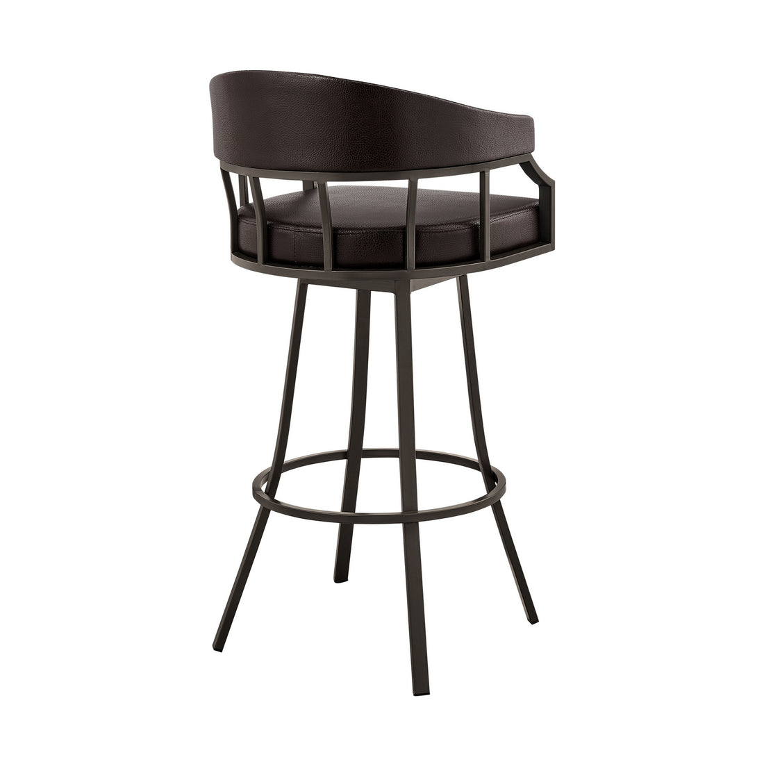 Mayla 30 Inch Swivel Bar Stool, Metal Flared Legs, Brown Faux Leather Brown Fabric Metal