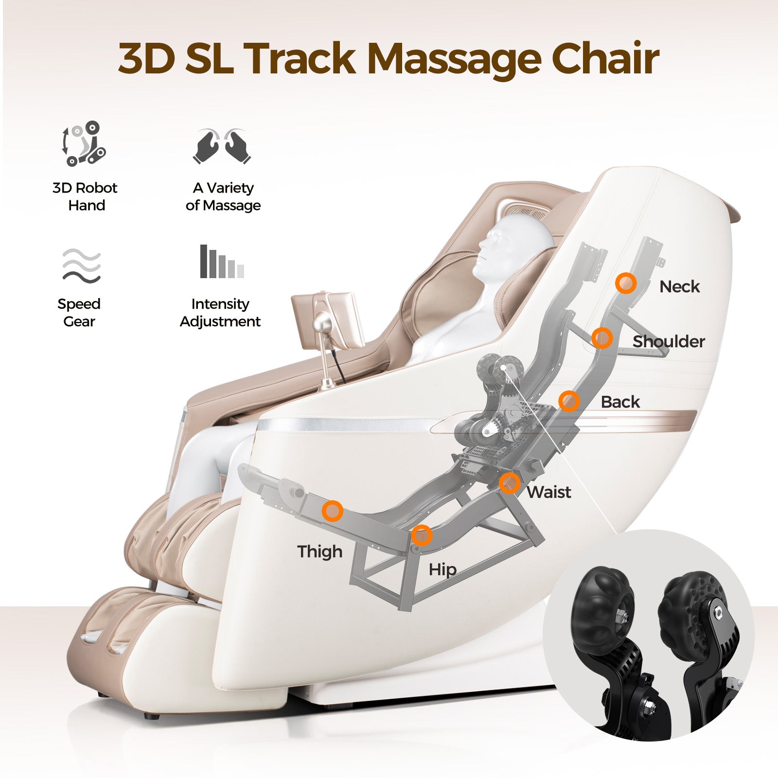 Bosscare Sl Zero Gravity Massage Full Body Chair With Voice Control Shiatsu Recline Beige Beige Gold Leather Leather