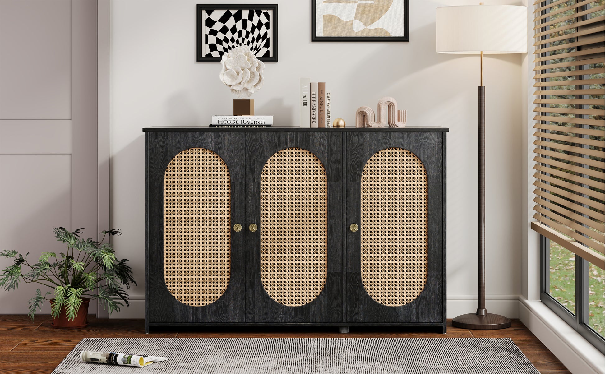 Retro 3 Door Sideboard With Large Storage Space Artificial Rattan Doors And Metal Handles, Accent Cabinet For Living Room And Hallway Antique Black Antique Black Particle Board Mdf