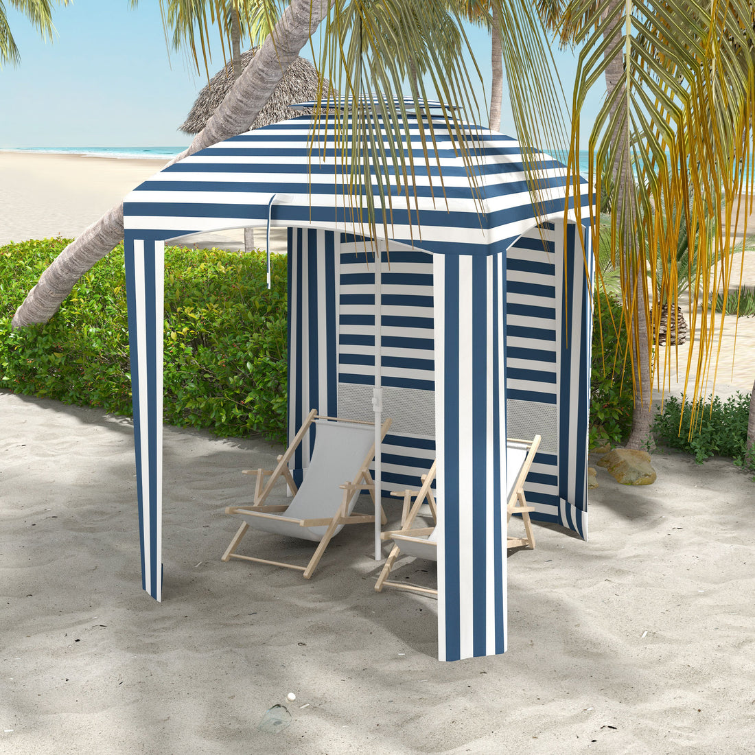 Outsunny 5.8' X 5.8' Portable Beach Umbrella With Double Top, Ruffled Outdoor Cabana With Walls, Vents, Sandbags, Carry Bag, Blue & White Stripe Multicolor Polyester