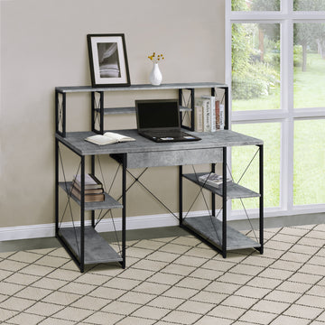 Grey And Black Office Desk With Open Shelves And Hutch Black Grey Writting Desk Office Rectangular Shelves Desk Wood Metal Sled