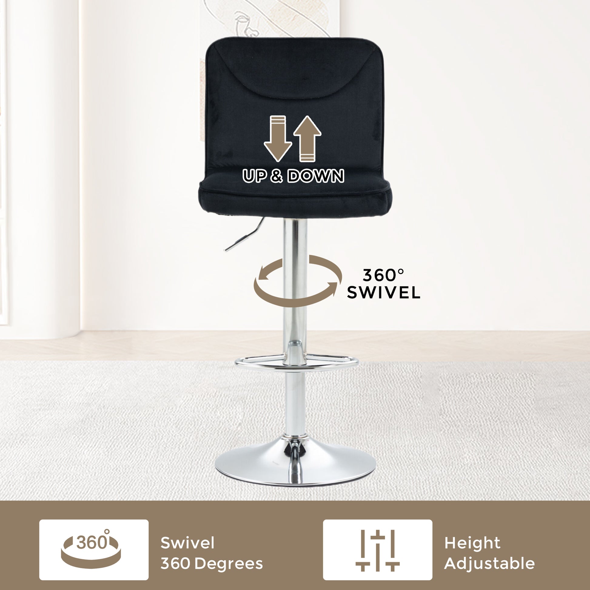 Coolmore Bar Stools With Back And Footrest Counter Height Dining Chairs 2Pc Set,360 Velvet Swivel Bar Stools Set Of 2, Adjustable Counter Height Bar Chairs Black Velvet Black Primary Living Space Foam Velvet