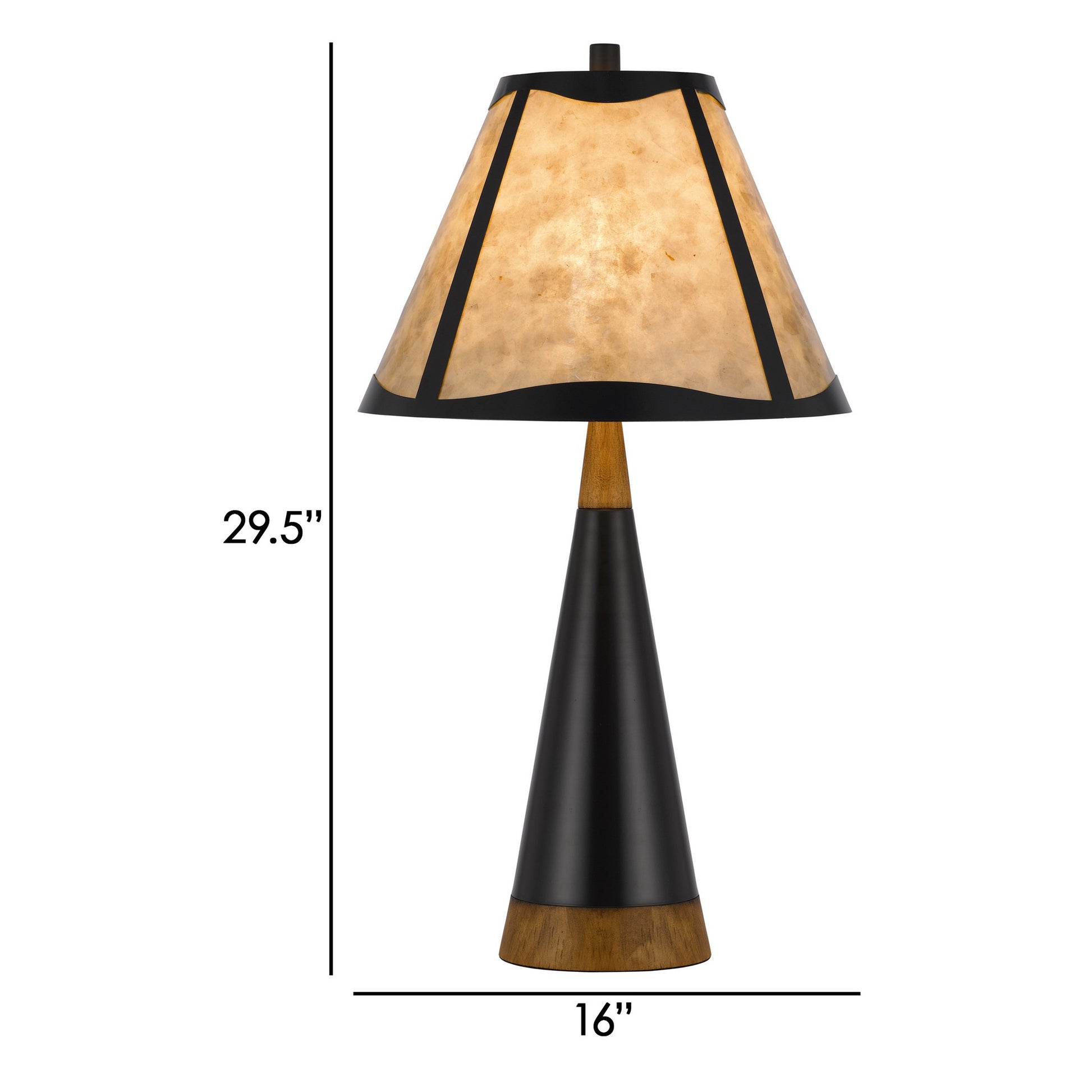 30 Inch 3 Way Table Lamp, Beige Mica Shade, Rubberwood And Black Metal Body Black Brown Wood Metal