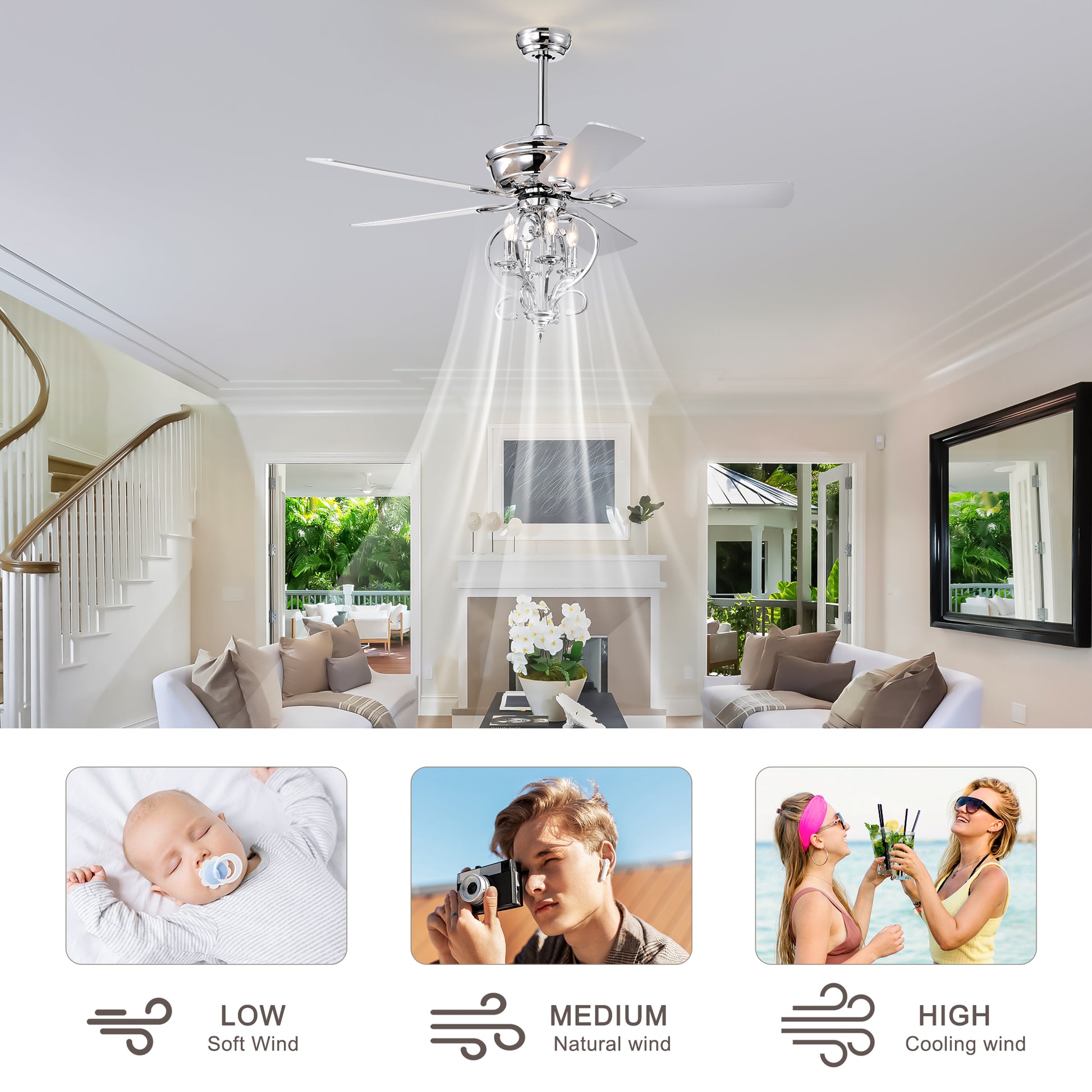 52 Inch 4 Lights Ceiling Fan With 5 Wood Blades, Two Color Fan Blade, Ac Motor, Remote Control, Reversible Airflow, 3 Speed, Adjustable Height, Traditional Ceiling Fan For Home Decorate Silver Silver Traditional Wood Metal