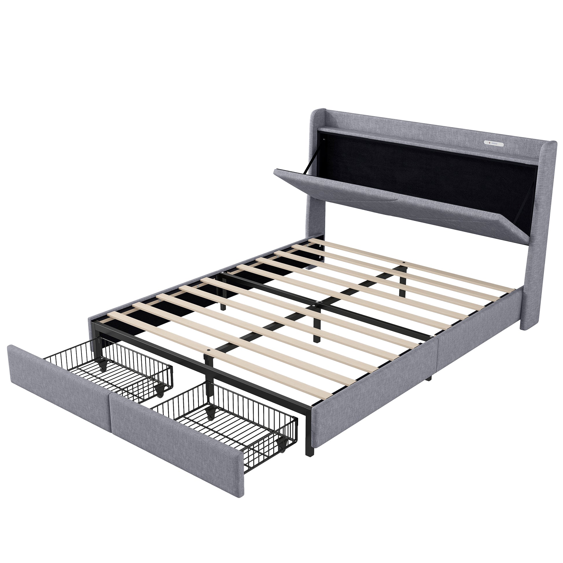 Queen Size Upholstery Platform Bed With Storage Headboard, Led, Usb Charging And 2 Drawers, Gray Queen Gray Upholstered