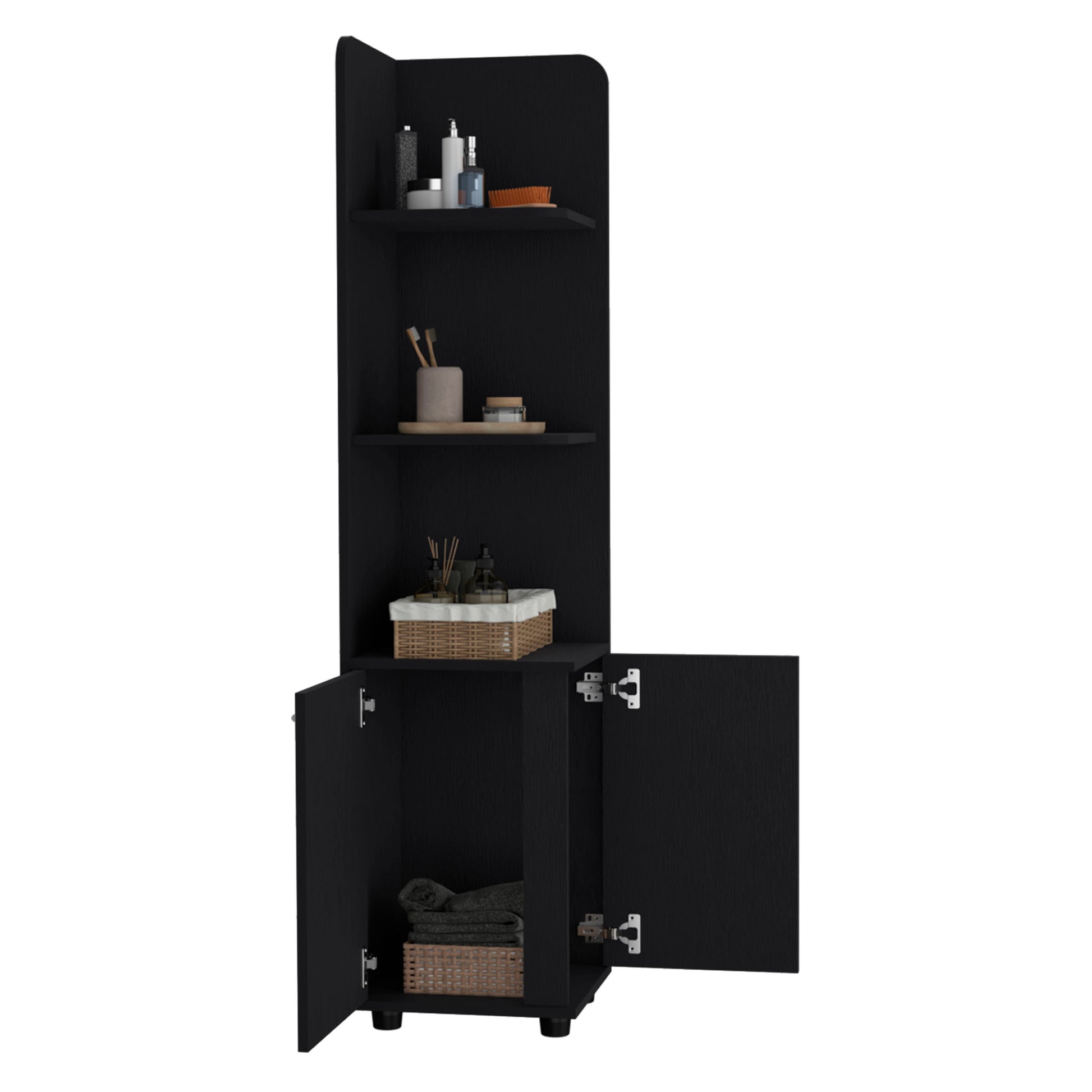 Malibu 62" Tall Double Door Corner Linen Cabinet With Four Shelves Black 60 In & Above Mountain Lodge Particle Board