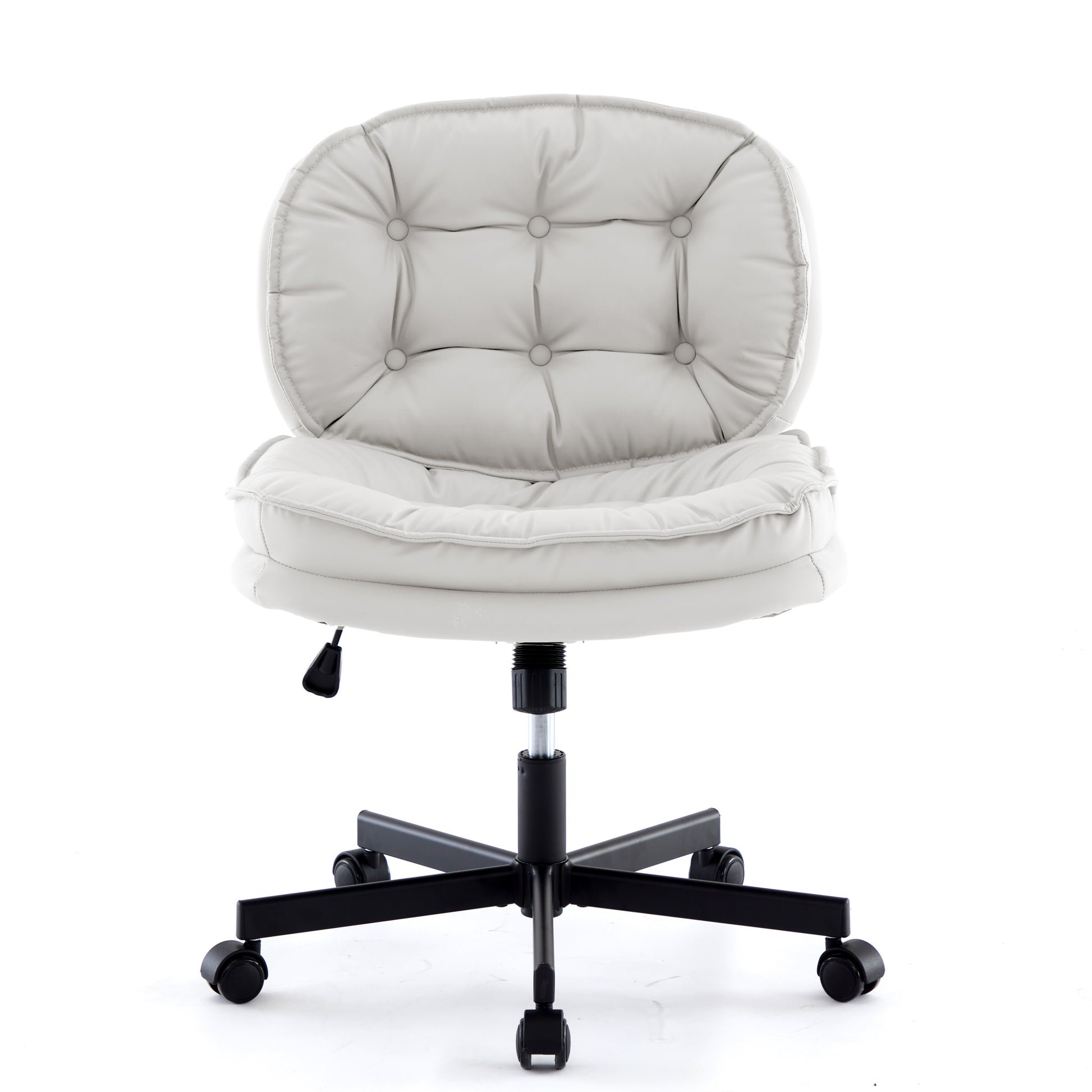Armless Office Desk Chair With Wheels: Pu Leather Cross Legged Wide Chair,Comfortable Adjustable Swivel Computer Task Chairs For Home,Office,Make Up,Small Space,Bed Room Creamy White Antique Fiber Foam And Polyester Fiber Pad Pvc