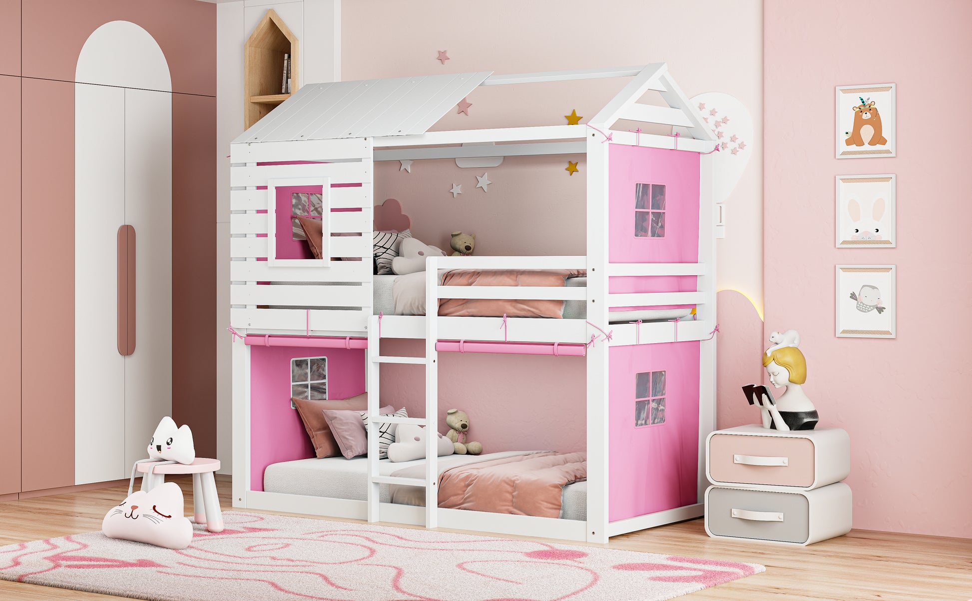 Twin Size Bunk Wood House Bed With Tent, Pink White Twin Pink White Solid Wood Mdf