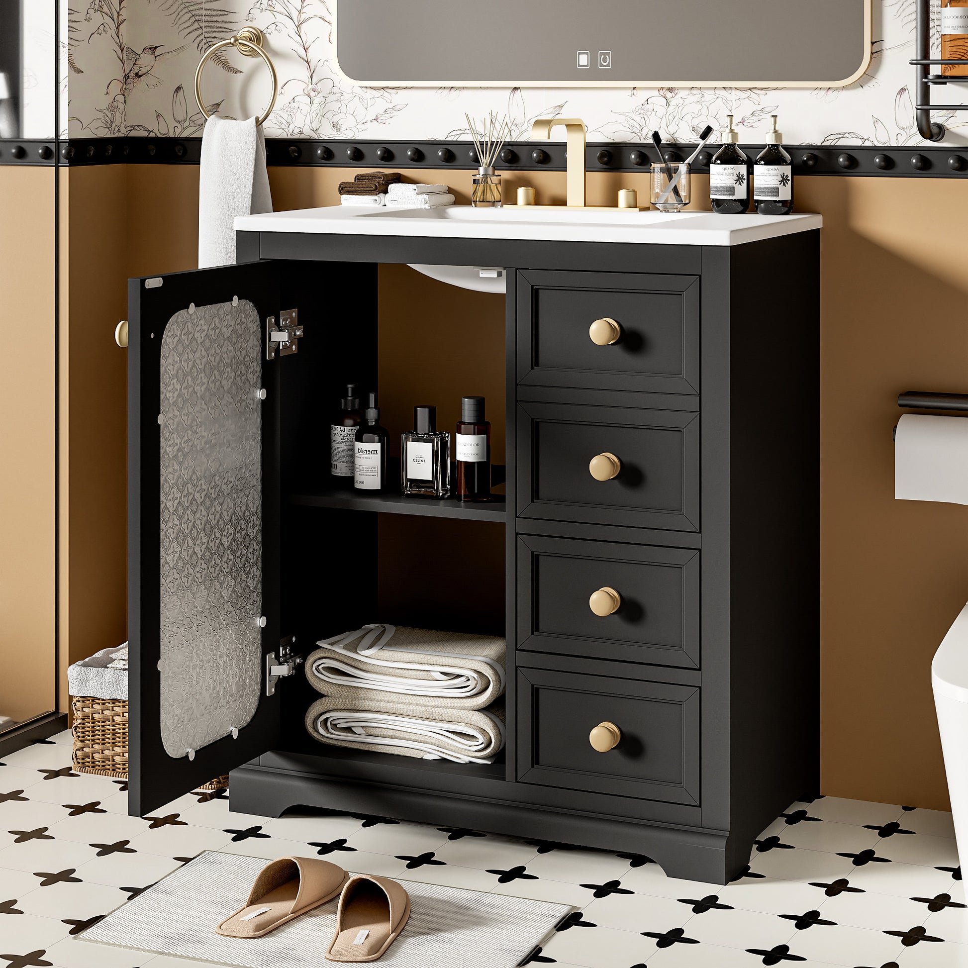 30 Inch Bathroom Vanity With A Soft Close Glass Door, Adjustable Shelves, And Three Drawers Black Bathroom Solid Wood Mdf Glass
