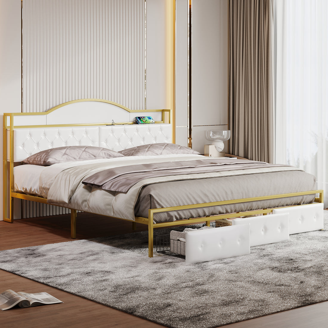 Metal Platform Bed With 3 Drawers, Storage Headboard, King, Gold King Gold White Fabric Metal