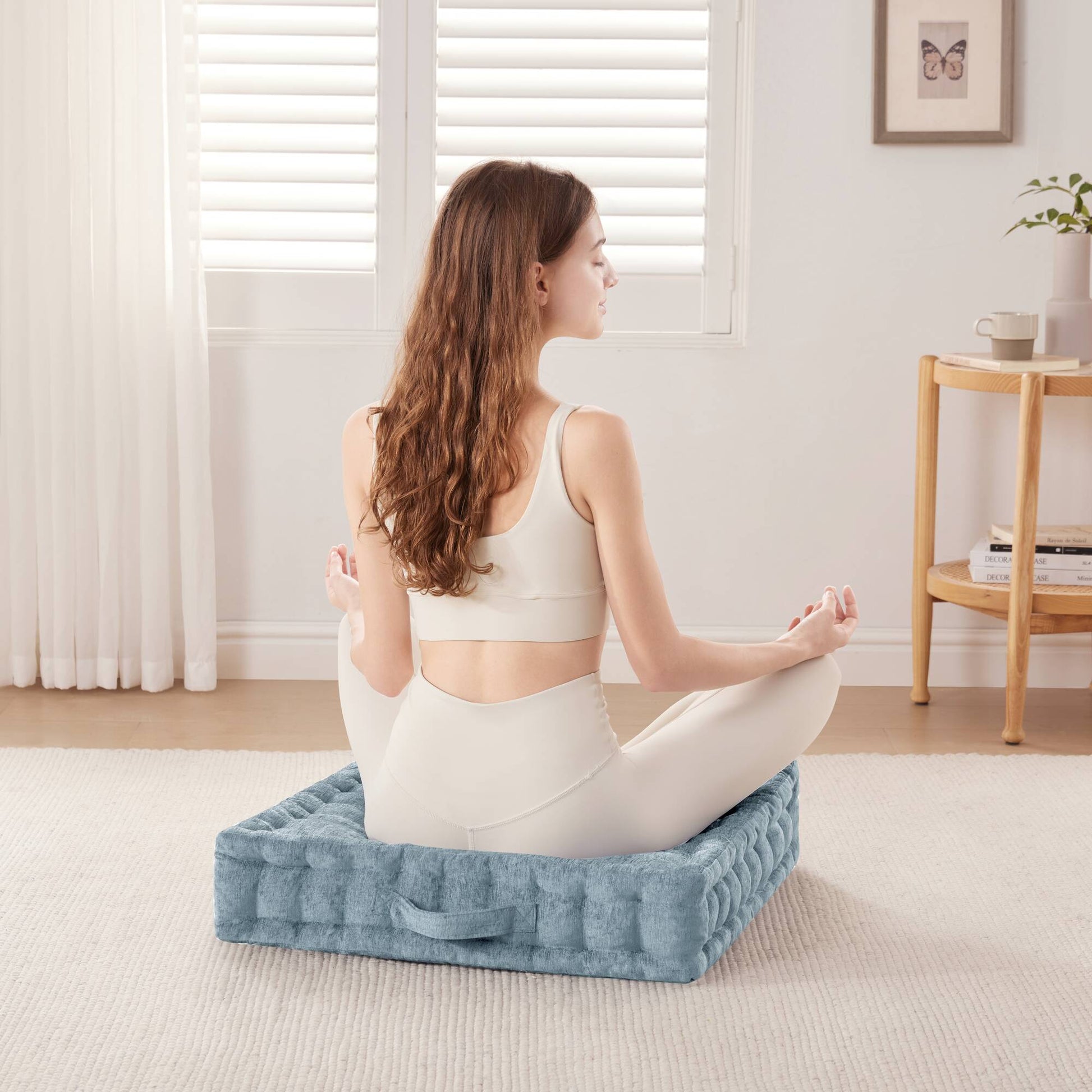 Poly Chenille Square Floor Pillow Cushion 24X24" Aqua Blue Polyester