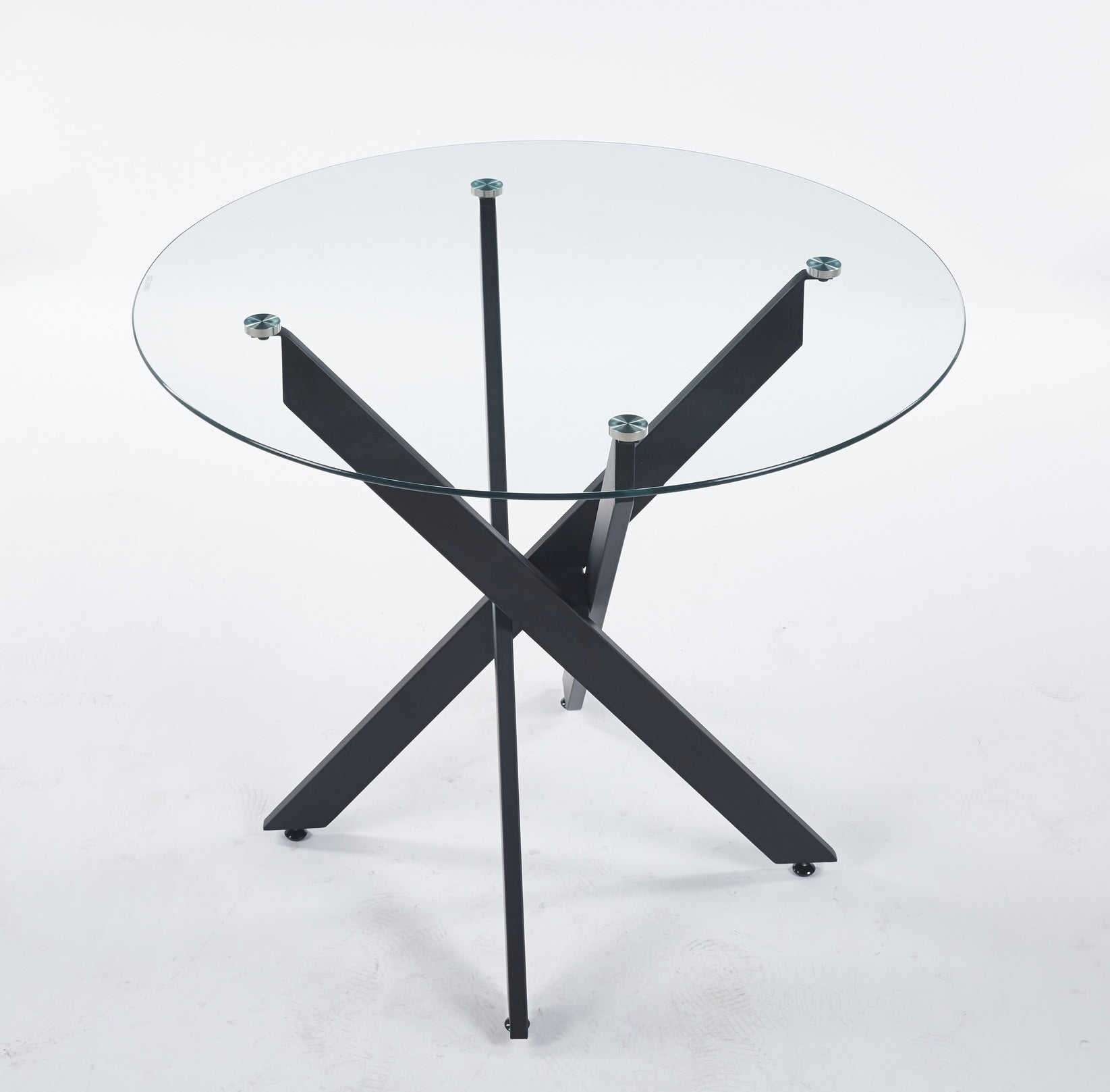 Black Dining Table With Cross Metal Leg And Tempered Glass,Modern Space Saving Kitchen Table For Living Room Black Glass Metal