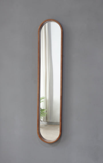 9.5X2X47.2" Decorative Rubber Frame Mirror With Elongated Oval Frame, Brown Brown Wood