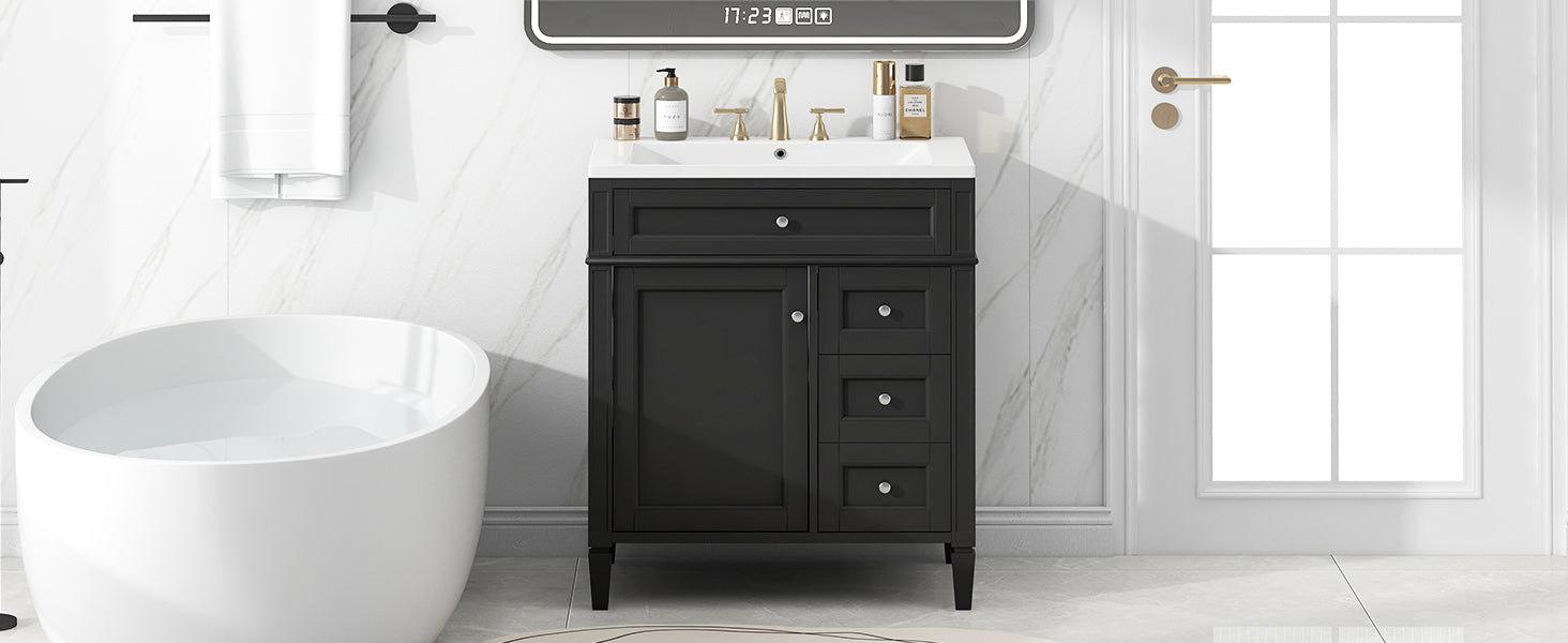 30'' Bathroom Vanity With Top Sink, Modern Bathroom Storage Cabinet With 2 Drawers And A Tip Out Drawer, Single Sink Bathroom Vanity Black Bathroom Solid Wood Mdf