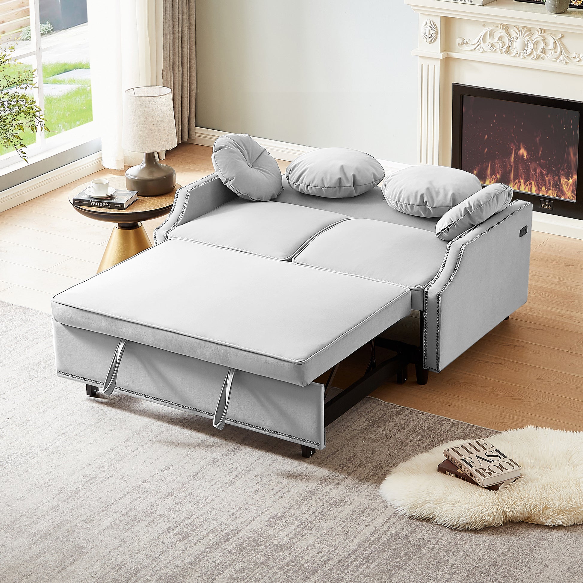 54.7" Multiple Adjustable Positions Sofa Bed Stylish Sofa Bed With A Button Tufted Backrest, Two Usb Ports And Four Floral Lumbar Pillows For Living Room, Bedroom,Or Small Space, Light Grey Light Grey Foam Polyester 2 Seat