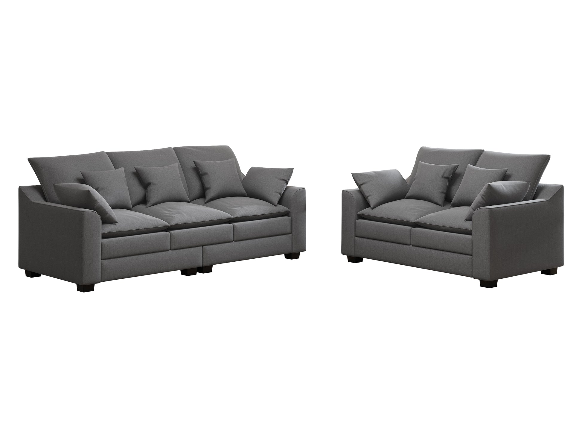 2 Pieces Sofa Couch 3 Seater And Loveseat With Pillows Polyester Upholstered Duck Down Filled Cushion Sofa Set For Living Room Apartment,Grey Grey Polyester Wood Primary Living Space Soft Cushion Back Foam Polyester 5 Seat