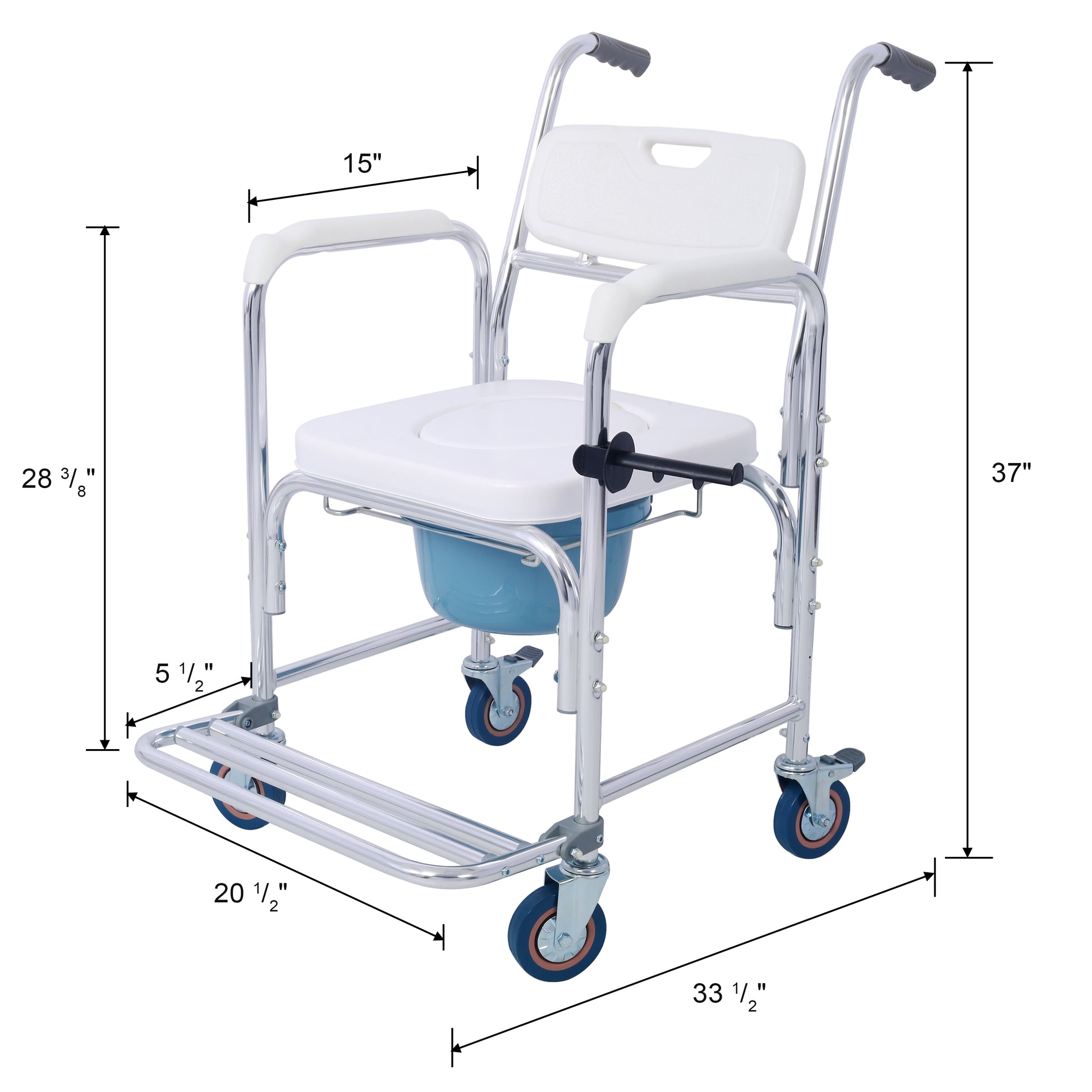 4 In 1 Bedside Commode Chair, Transport Shower Wheelchair Toilet Rolling Transport Chair With 4 Brakes Casters,Tissue Holder,Crutch Holder For Elderly Injured And Disabled White Steel