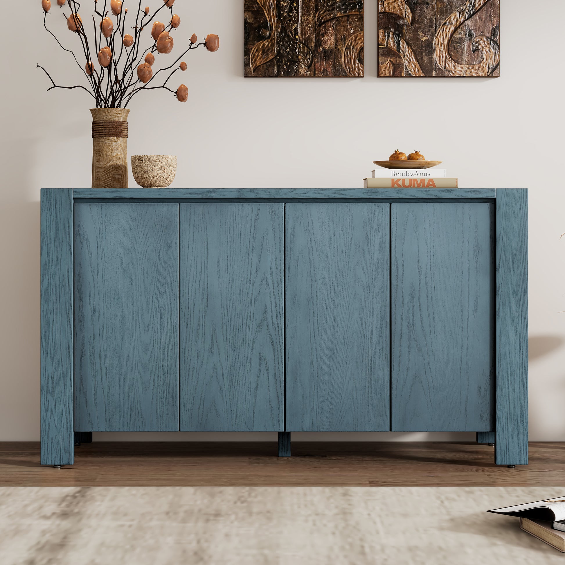 Retro 4 Door Sideboard With Distressed Finish And Adjustable Shelves For Dining Room, Kitchen, And Living Room Navy Navy Mdf,Rubber Wood