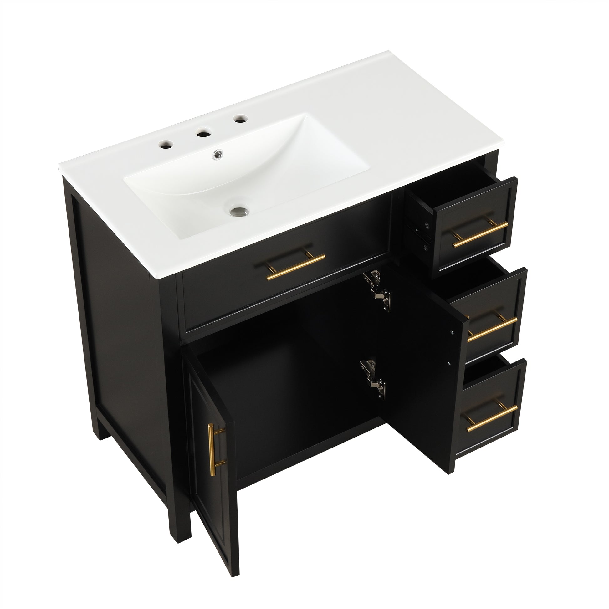 36" Bathroom Vanity With Sink Top, Bathroom Vanity Cabinet With Two Doors And Three Drawers, Solid Woodmdf Boards ,One Package, Black Black Solid Wood Mdf