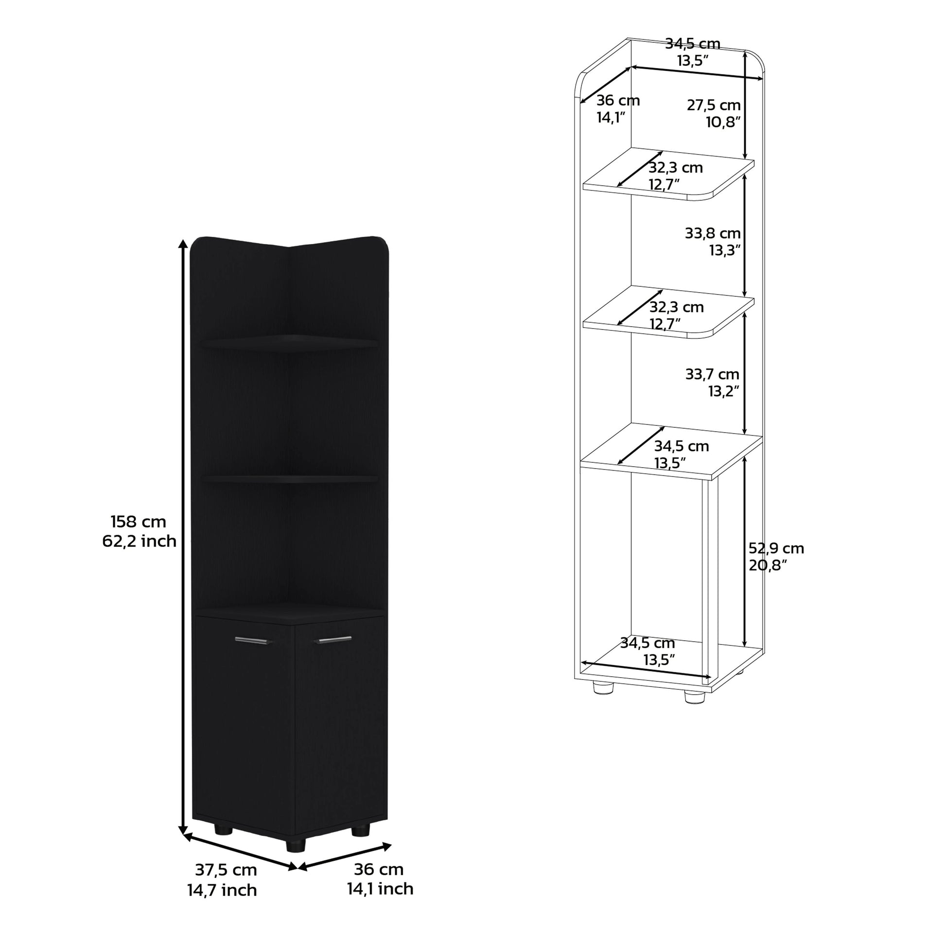 Corner Cabinet 62H" Tall With 3 Tier Shelf And 2 Door, Black Black Contemporary,Modern Engineered Wood