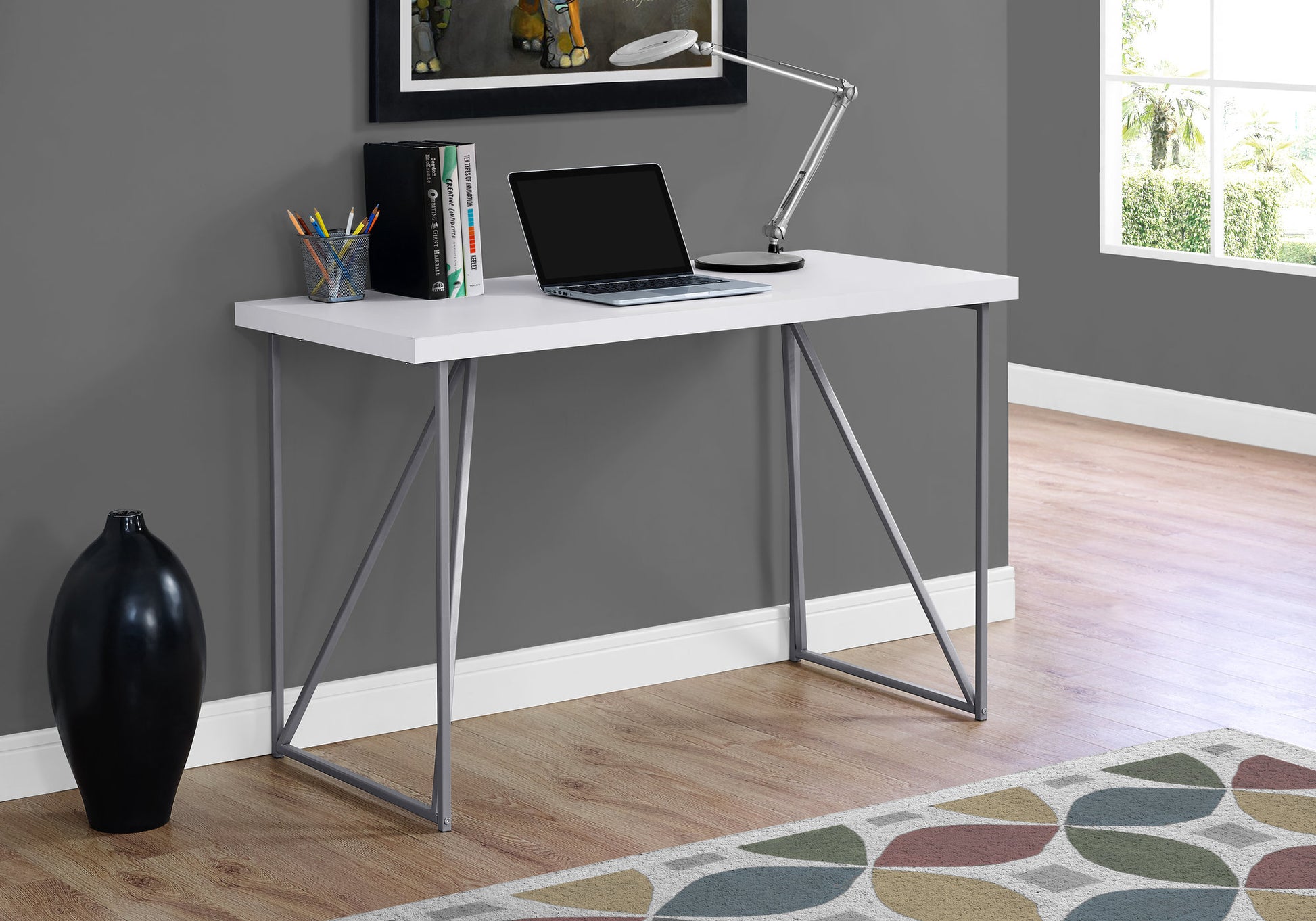 Computer Desk, Home Office, Laptop, 48"L, Work, White Laminate, Grey Metal, Contemporary, Modern White Metal