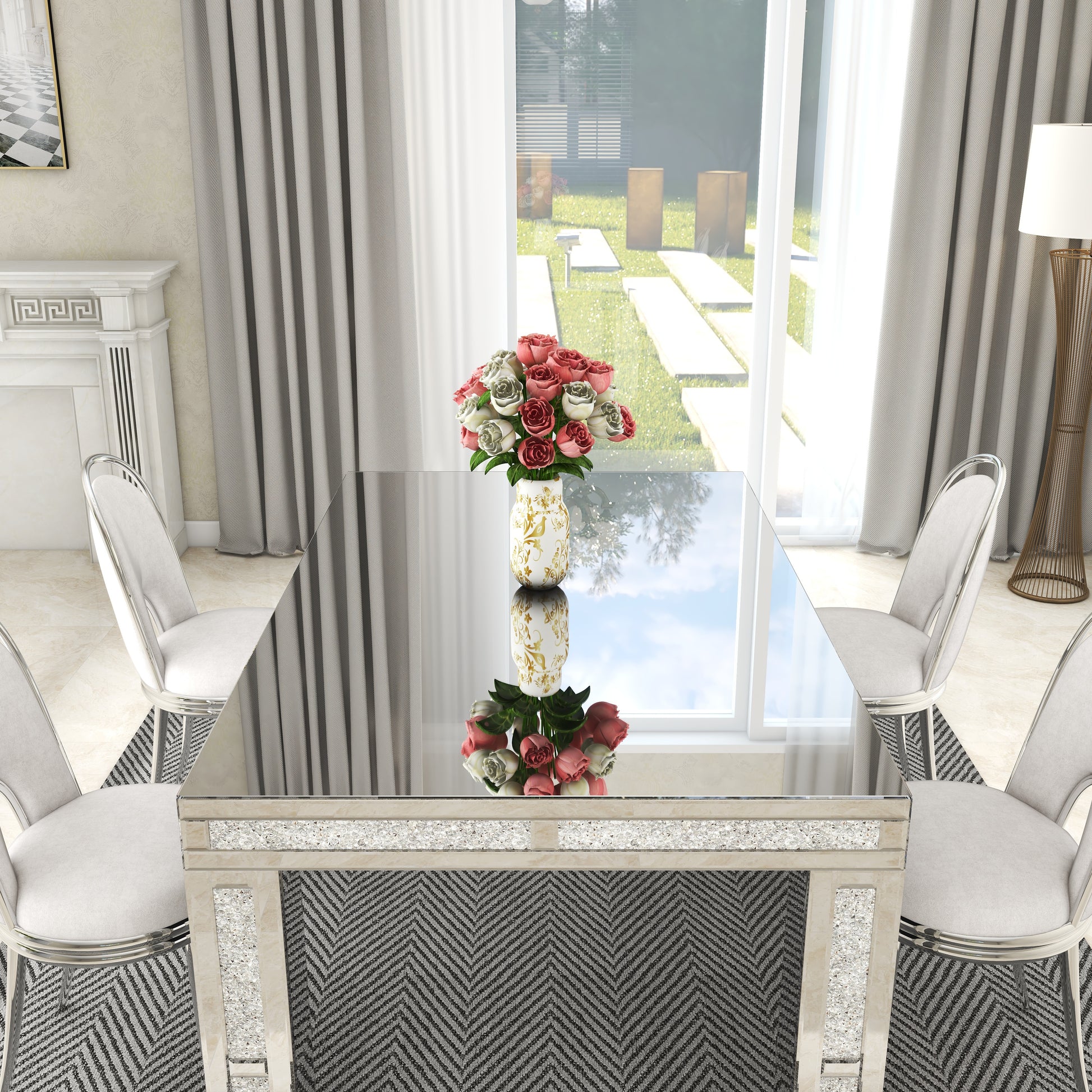 51.18" Mirrored Glass Dining Table With 4 Legs And Crushed Diamond Inlay Silver Seats 6 Mirrored Finish Desk And Hutch Primary Living Space Modern Freestanding Rectangular Kitchen & Dining Tables