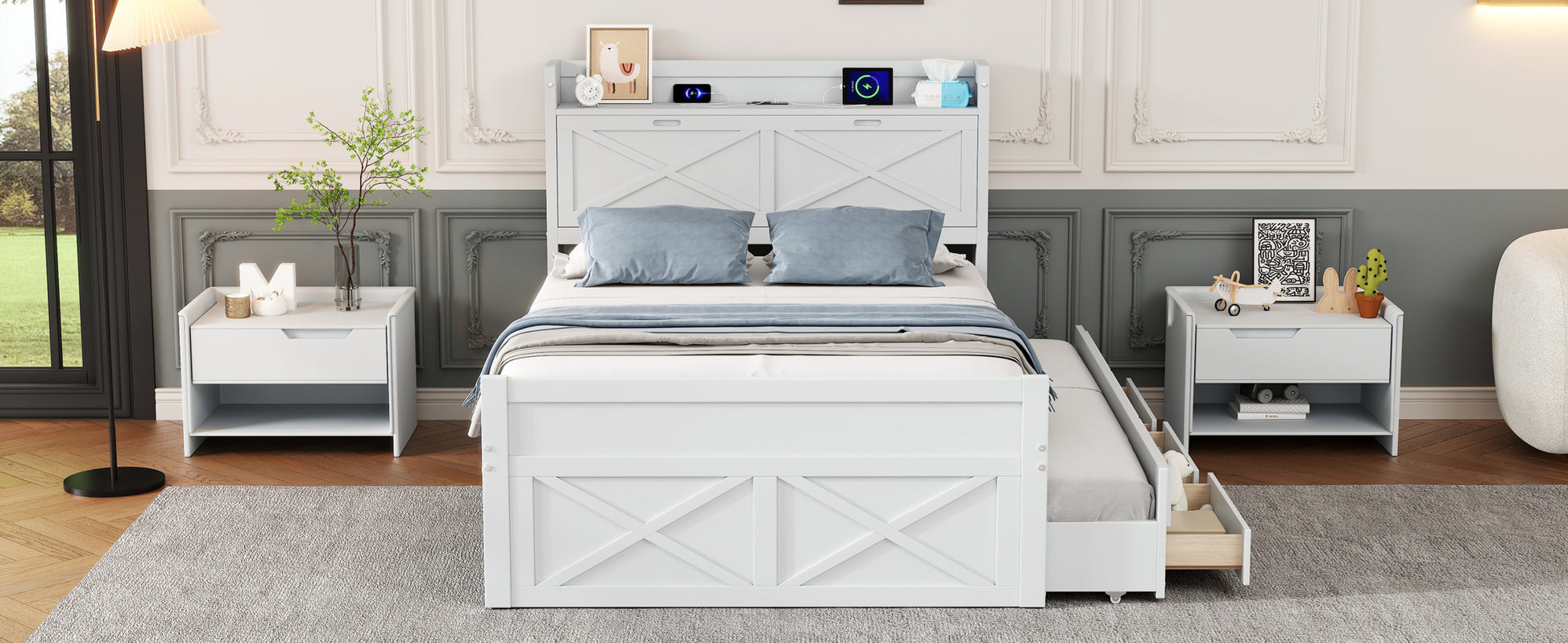 Full Size Wooden Bed With Storage Headboard With Outlets, Extendable Bed With Twin Size Trundle With Three Storage Drawers,White Full White Wood
