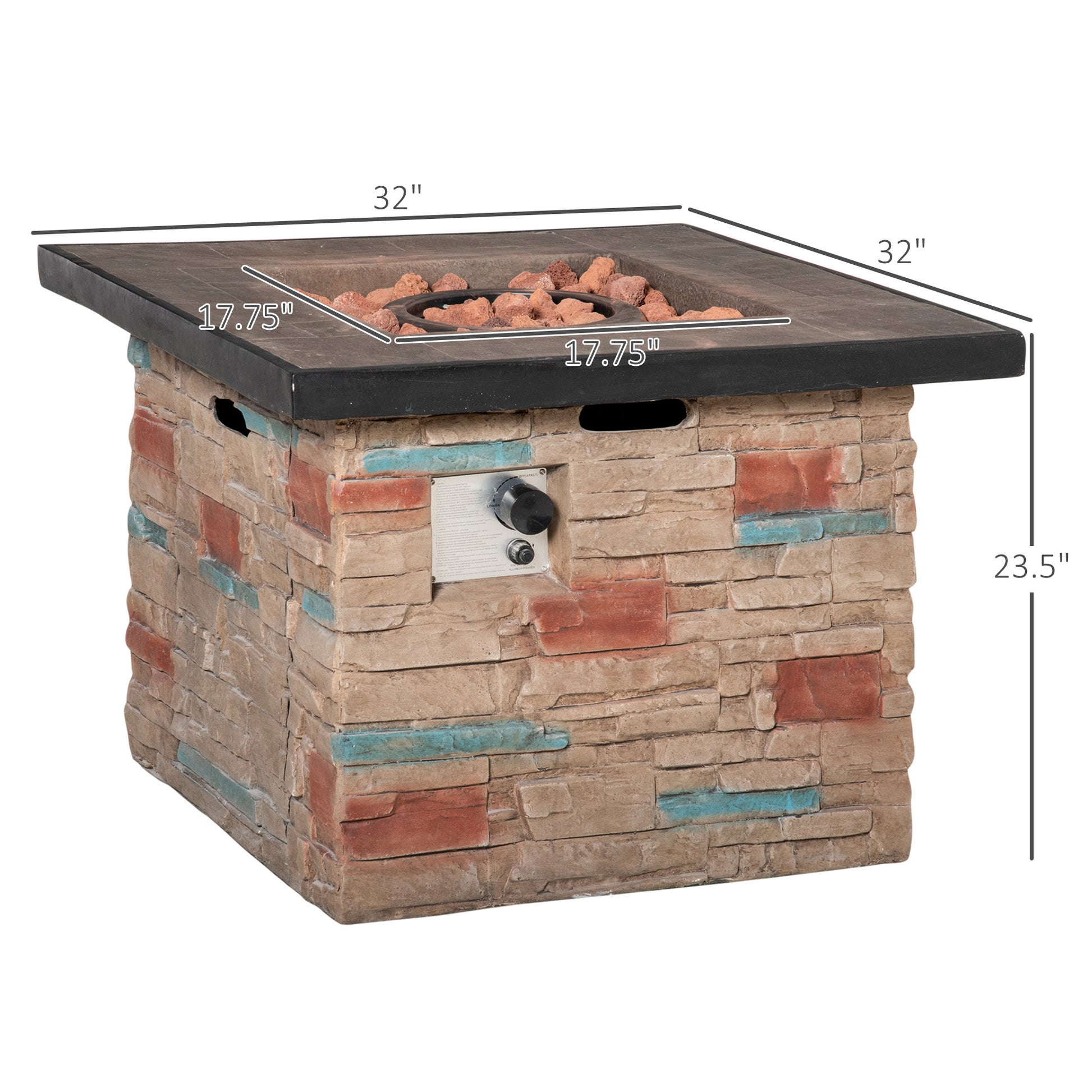 Outsunny 32 Inch Outdoor Propane Gas Fire Pit Table, 50,000 Btu Auto Ignition Square Faux Ledge Stone Gas Firepit With Lava Rocks And Rain Cover, Csa Certification, Brown Brown Stainless Steel