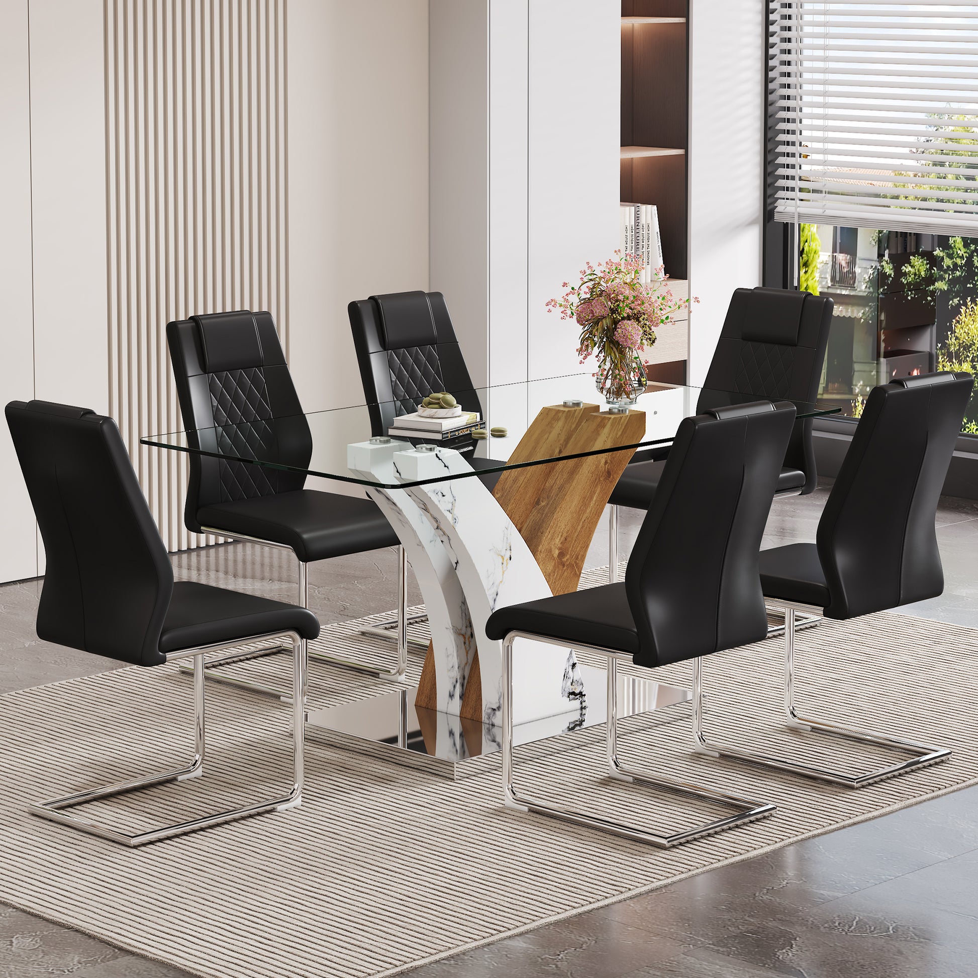 Table And Chair Set.Modern Dining Table, Tempered Glass Countertop With Artistic Mdf Legs.Paried With 6 Comfortable Chairs With Pu Seats And Metal Legs. Suitable For Various Decoration Styles. Black,Transparent Seats 6 Mdf Glass