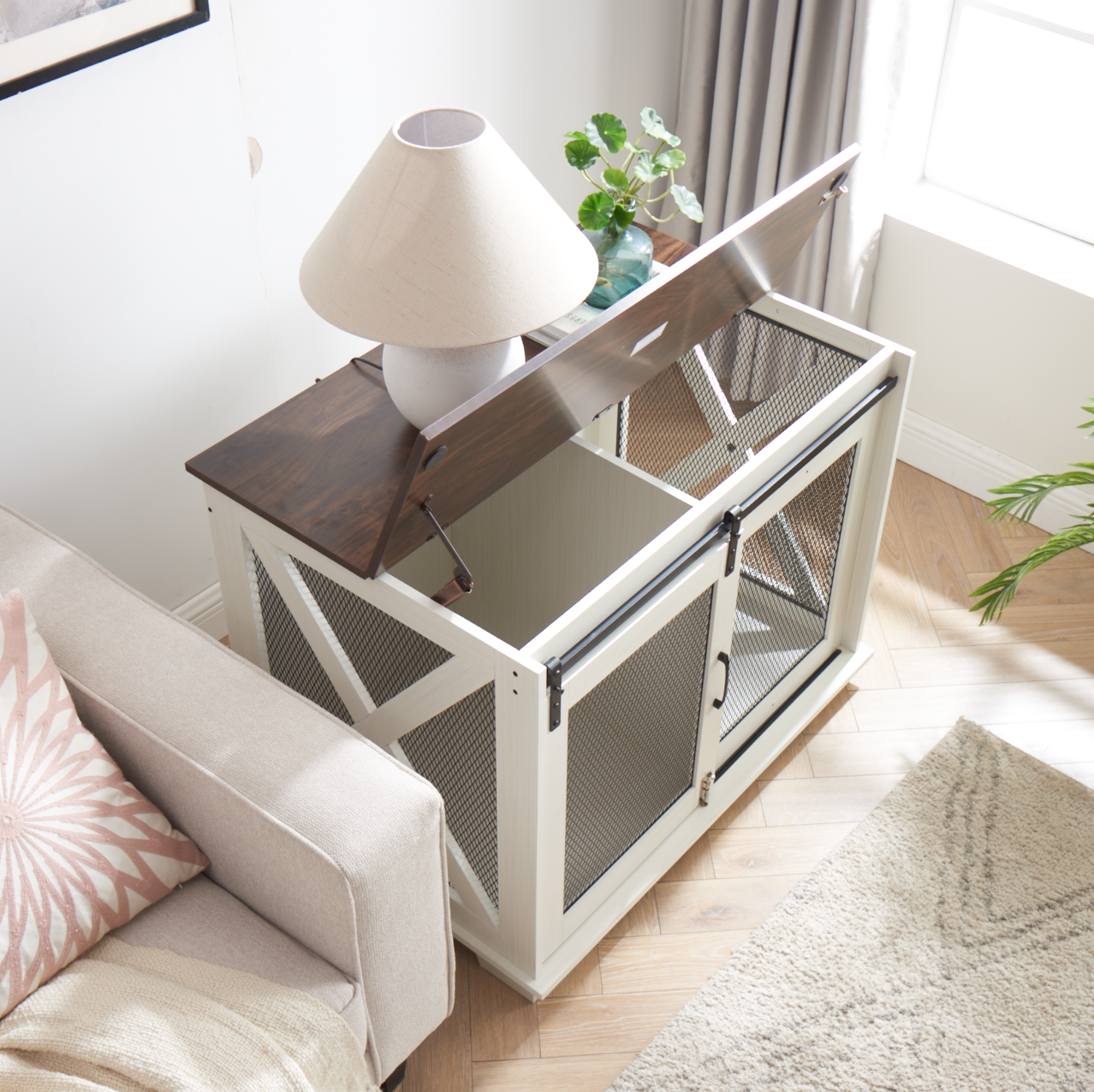 Farmhouse Dog Cage Crate Furniture With Sliding Barn Door, Farmhouse Wooden Dog Kennel End Table With Flip Top Plate Dog House With Detachable Divider For Small Medium Large Dog White White Mdf Metal