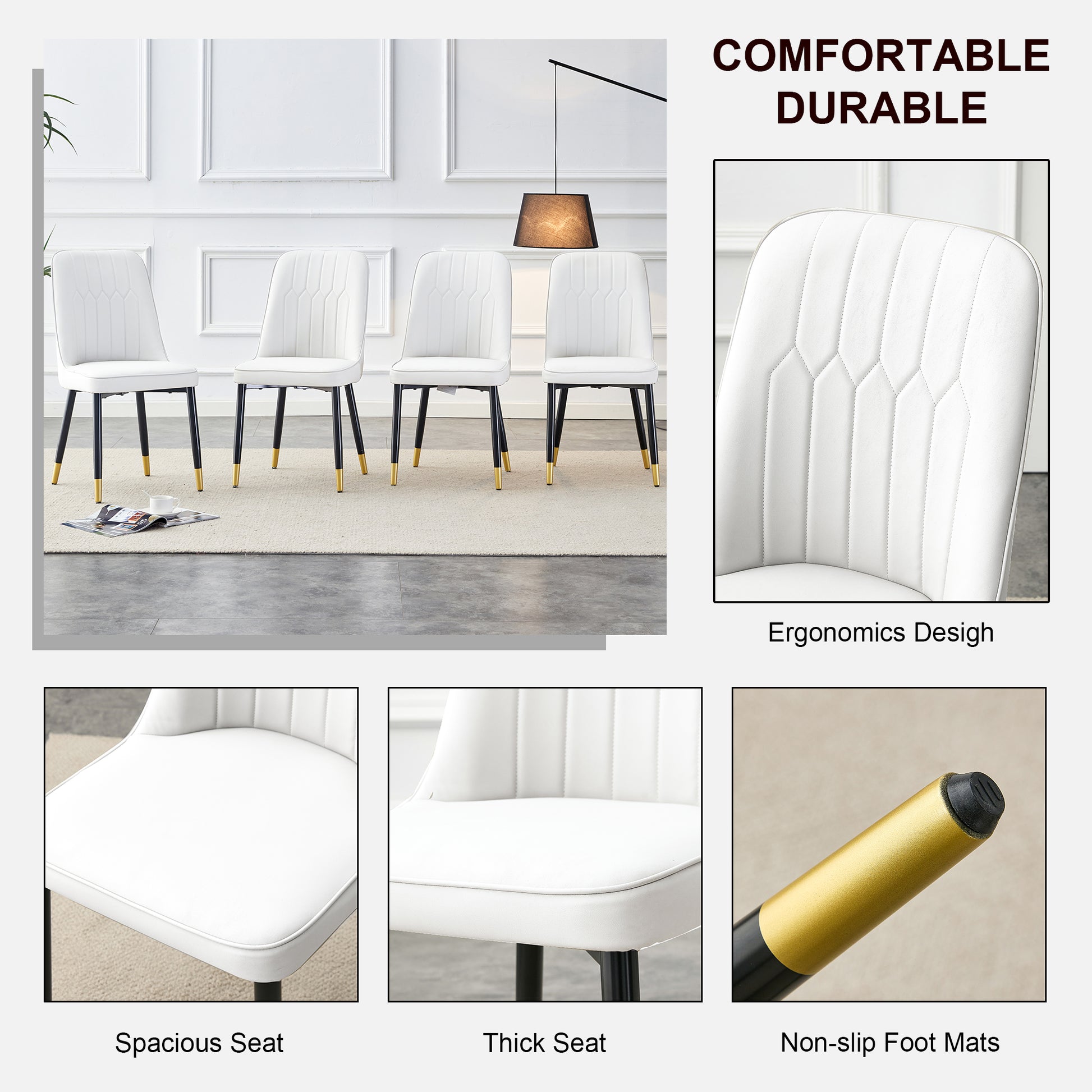 Table And Chair Set.The Table Has A Glass Top With Imitation Marble Pattern Stickers And Stainless Steel Golden Legs. Paried With Chairs With Pu Artificial Leather Backrest Cushions And Black Legs. White Gold Seats 8 Glass Metal