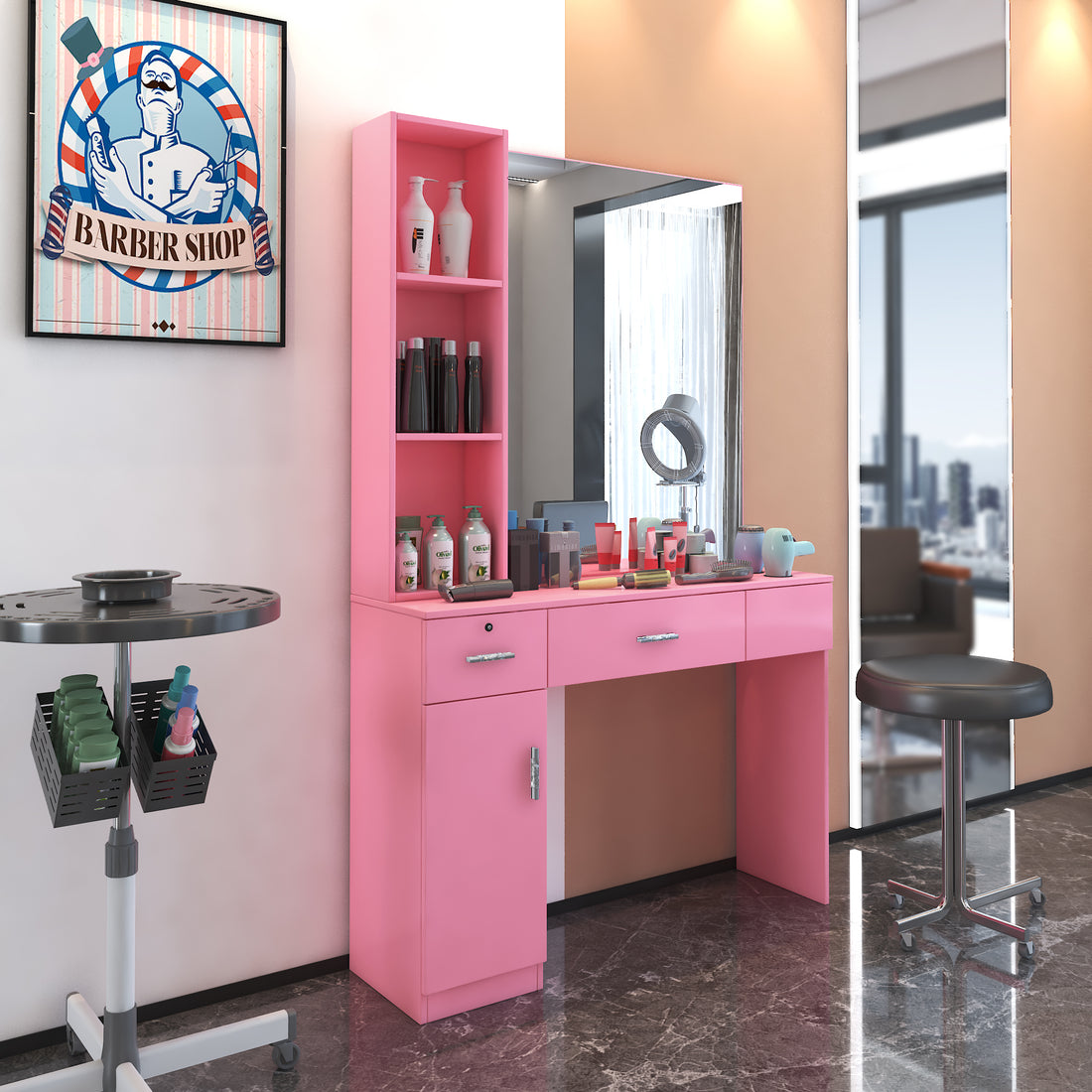 Salon Station Barber Stations Styling Station Barber Beauty Spa Salon Equipment Set With Mirror Pink Mdf