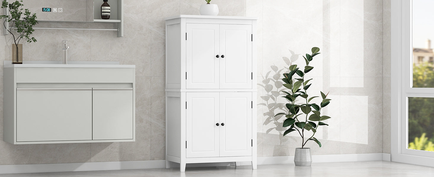 Elegant Bathroom Floor Storage Cabinet, Bathroom Storage Unit, Freestanding Cabinet With 4 Doors, Adjustable Shelves, Adaptable Shelves, White White Mdf