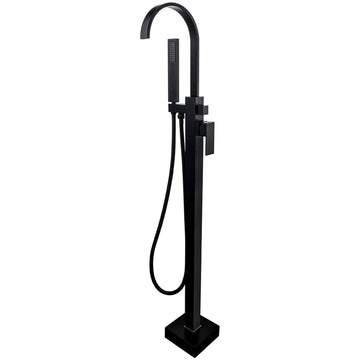 Matte Black Waterfall Freestanding Tub Filler Floor Mount Bathtub Faucet With Handheld Sprayer Matte Black Brass