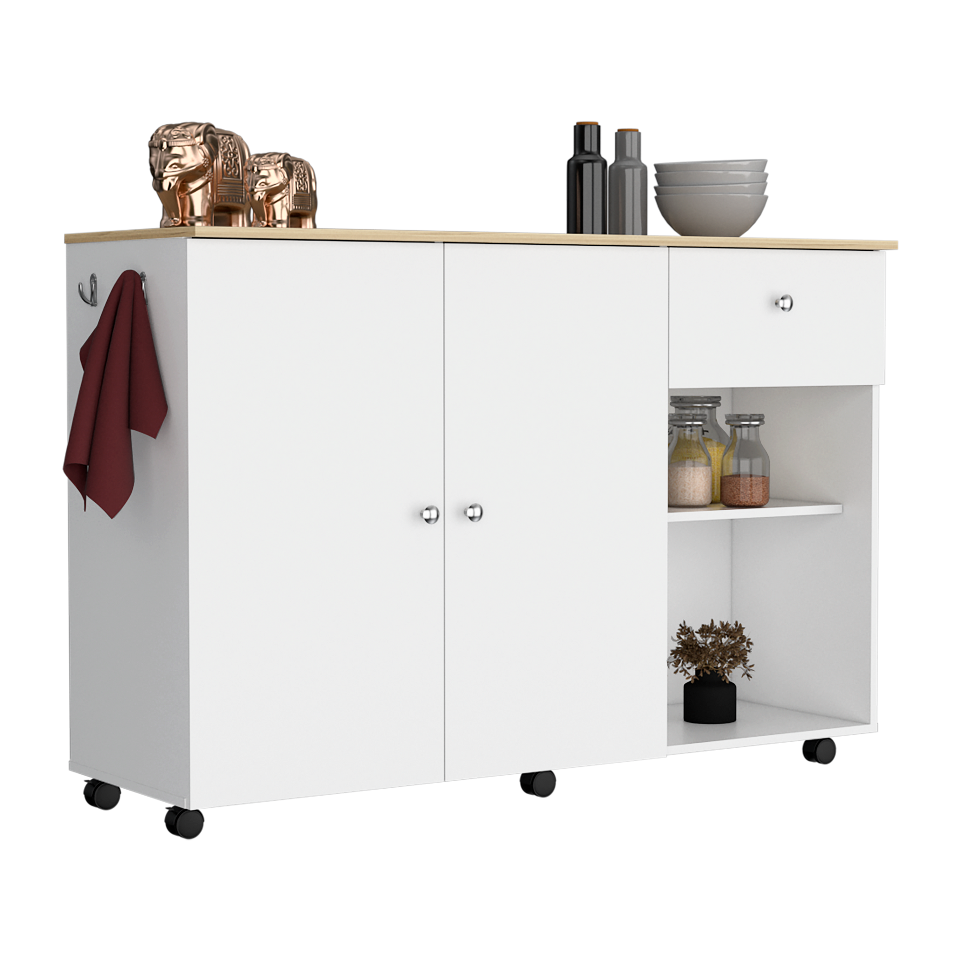 Kitchen Island Cart, Six Carter, One Drawer, Double Door Cabinet, Two External Shelves, Four Interior Shelves, White Pine Multicolor Solid Wood Mdf Engineered Wood