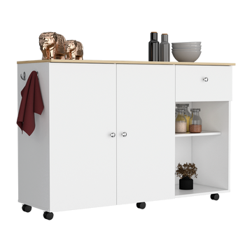 Kitchen Island Cart, Six Carter, One Drawer, Double Door Cabinet, Two External Shelves, Four Interior Shelves, White Pine Multicolor Solid Wood Mdf Engineered Wood