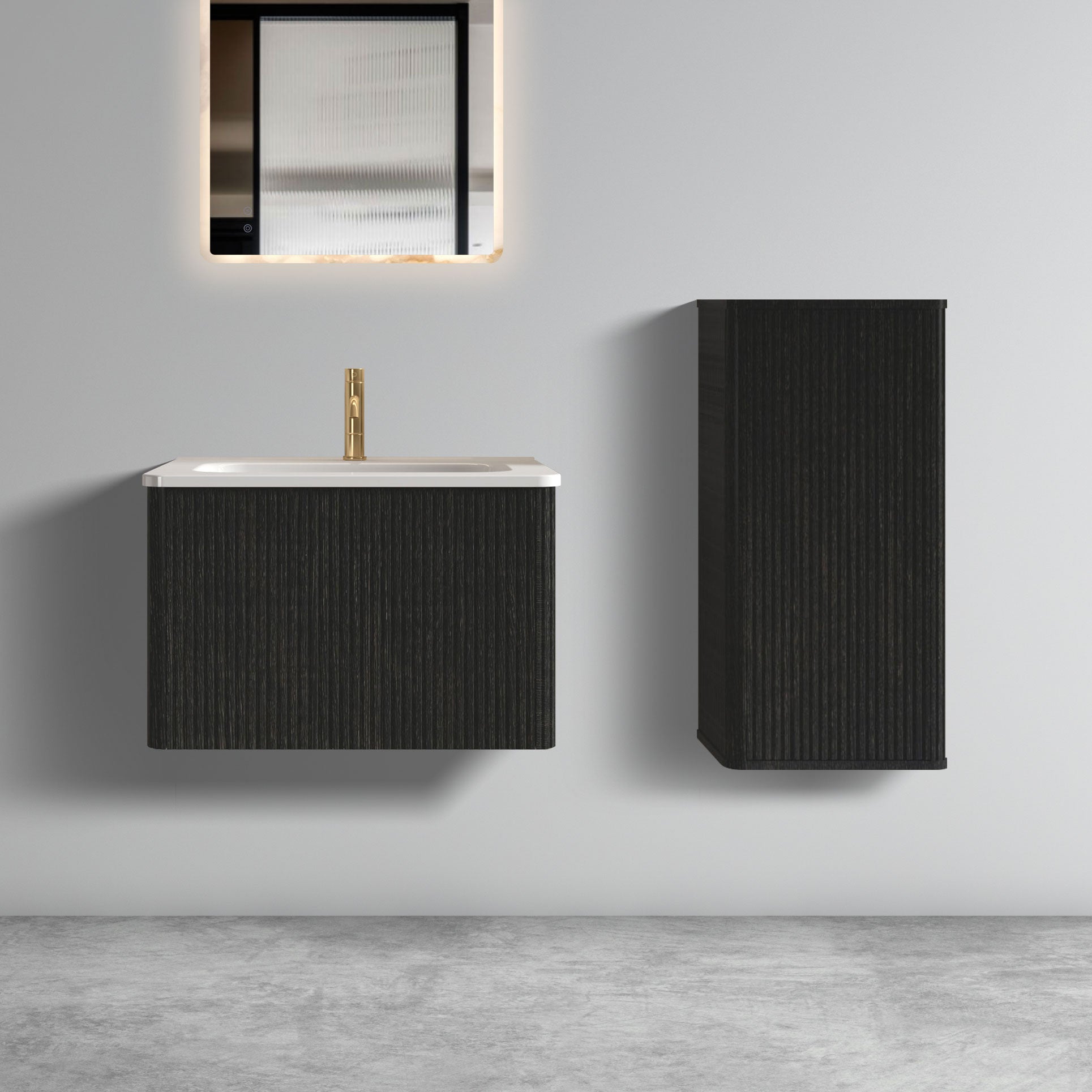 U056 Etna24W 308 Etna 24" Striped Brushed Black Oak Floating Bathroom Vanity With White Ceramic Sink, Bathroom Vanity For Modern Bathroom, One Piece White Sink Basin Without Drain, Pre Assembled