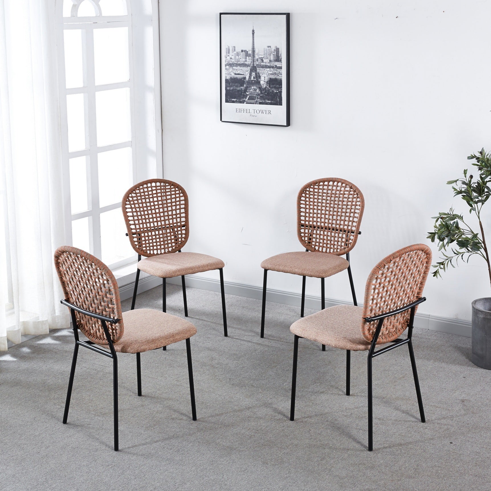 Black Leg And Orange Sennit Chair,Set Of 4,Dining Chair,Coffee Chair Orange Dark Brown Metal