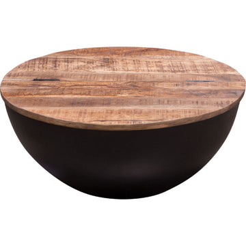 28 Inch Storage Coffee Table, Round Drum Silhouette, Brown Wood, Black Base Black Brown Wood