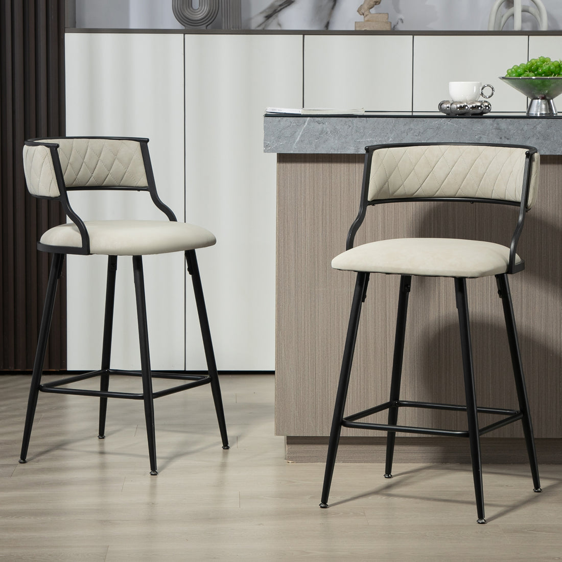 Set Of 2, 26'' Counter Height Bar Stools Pu Cover Kitchen Island Counter Bar Stool With Black Powder Coating Base And Footrest Beige Cushion Metal Beige Kitchen Foam Modern Bar Stools Open Back 1 Foam Pu