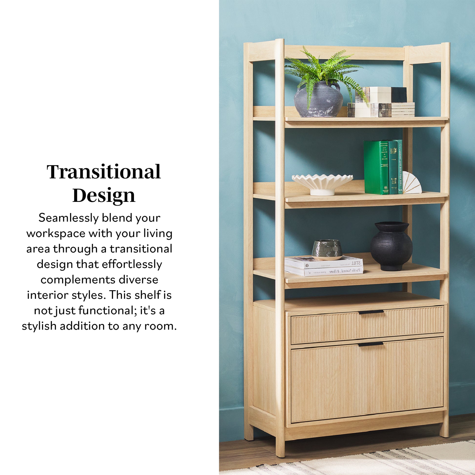 Transitional Wide Reeded Bookshelf With Drawers On Bottom Oak Oak Mdf Mdf