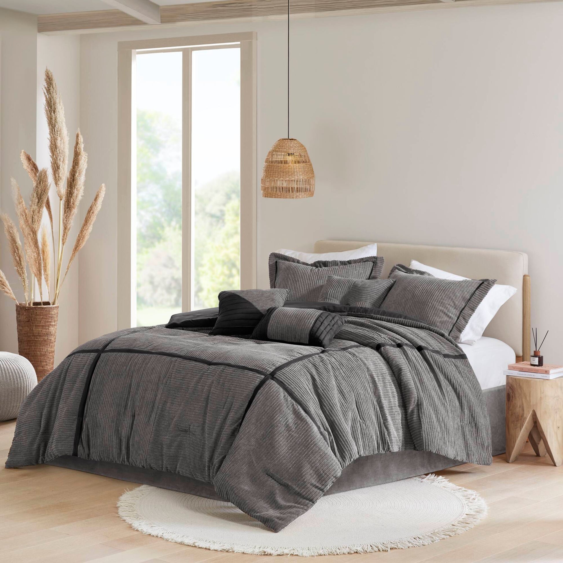 7 Piece Micro Corduroy Comforter Set Grey Queen Grey Polyester