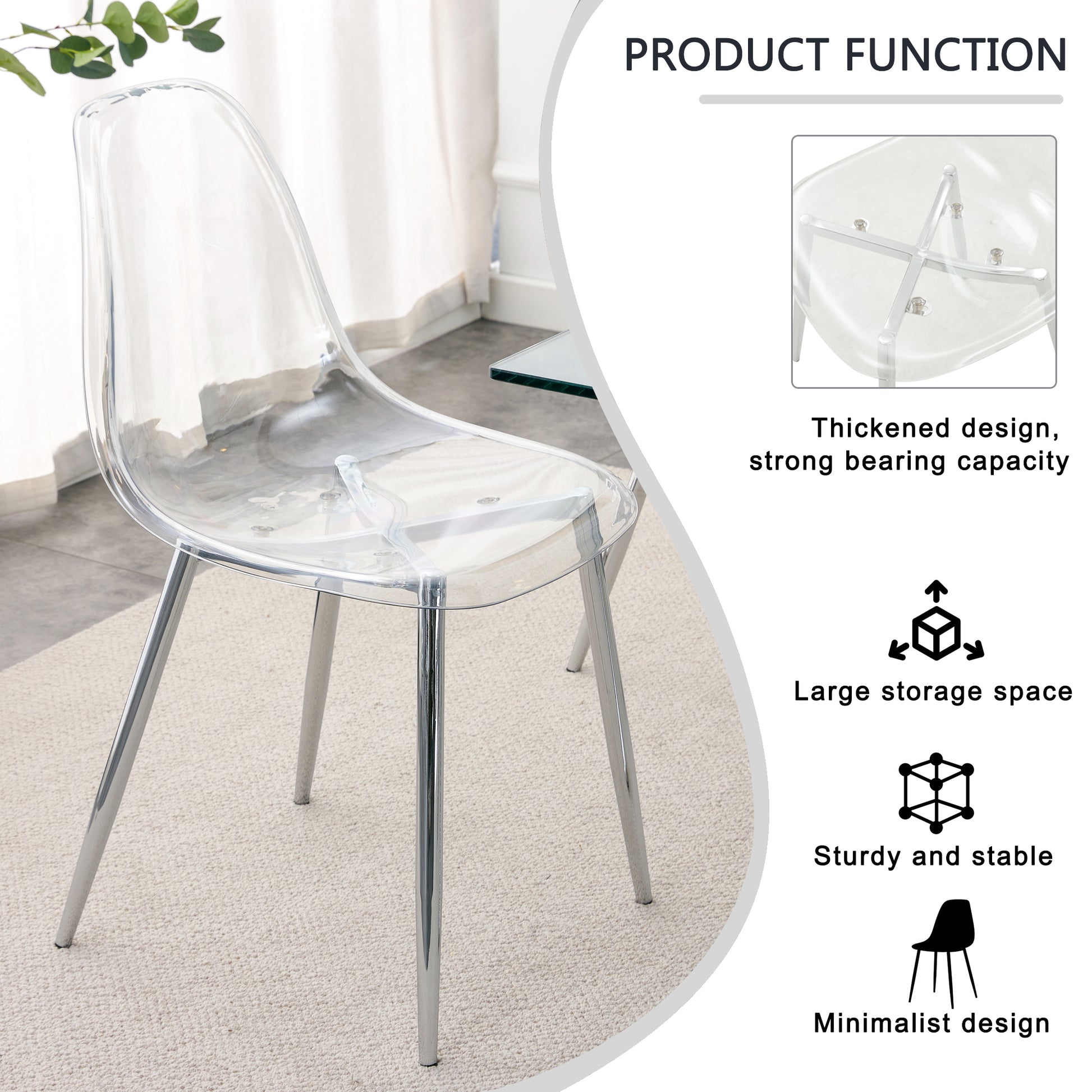 Table And Chair Set.Modern Rectangular Glass Dining Table With Tempered Glass Countertop And Silver Metal Legs, Paired With Multiple Transparent High Quality Pet Dining Chairs With Silver Legs. Silver Seats 6 Tempered Glass