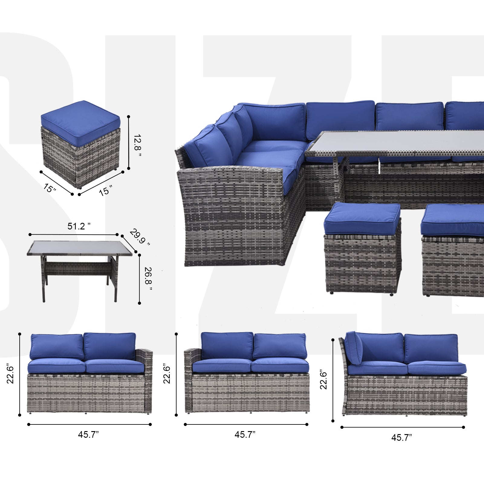 Outdoor Patio Furniture Set,7 Pieces Outdoor Sectional Conversation Sofa With Dining Table,Corner Chairs, Ottomans,All Weather Pe Rattan And Steel Frame,With Backrest And Removable Cushions Grey Blue Yes Dark Blue Weather Resistant Frame Garden & Outdoor