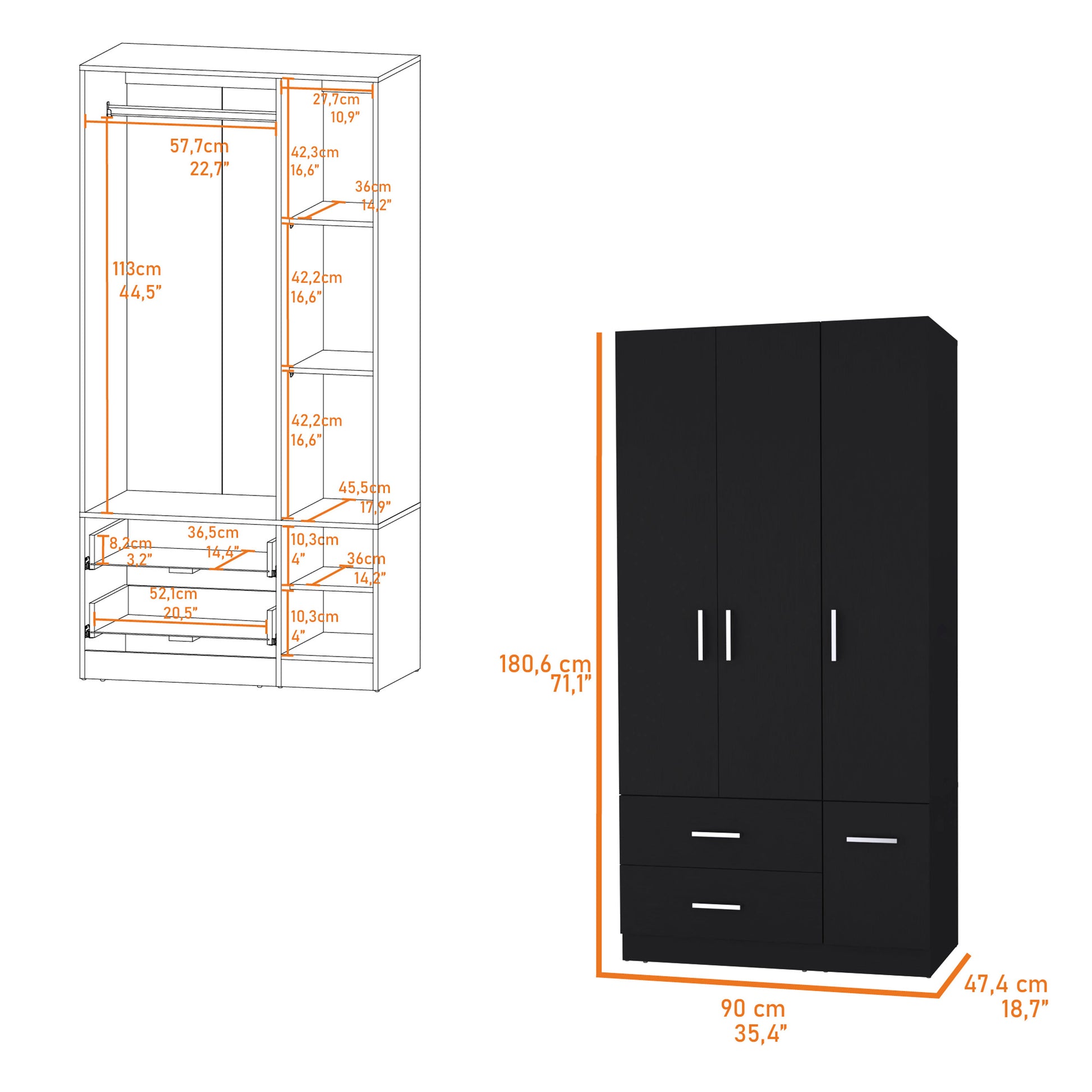 Douglas Armoire In Melamine, Two Drawers, Hanging Rod And 4 Doors. Black Bedroom Contemporary Particle Board Melamine