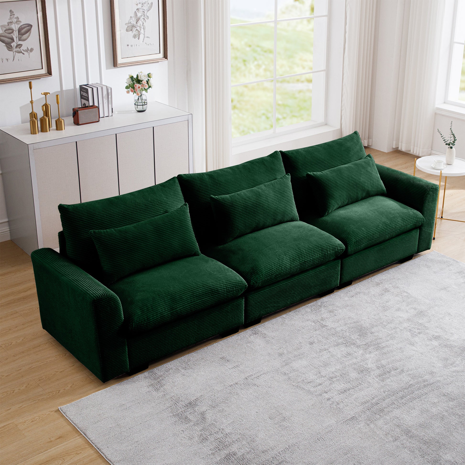 3 Seater Deep Seat Couches For Living Room, Wide And Deep Seat Comfy Living Roo Sofas With 3 Waist Pillows, Green Corduroy Green Corduroy 3 Seat