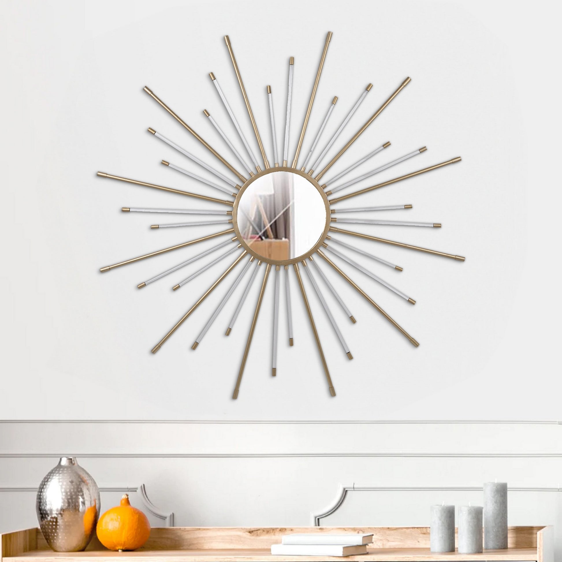 Iron Mirror With Sparkled Sunburst Design, Large, White And Gold White Gold Iron